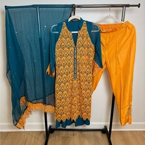 Teal and Orange Kurta pant set